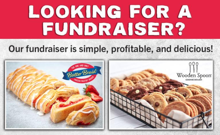 Looking for a fundraiser? Our fundraiser is simple, profitable, and delicious! Butter Braid pastry and Wooden Spoon cookies images with logos.